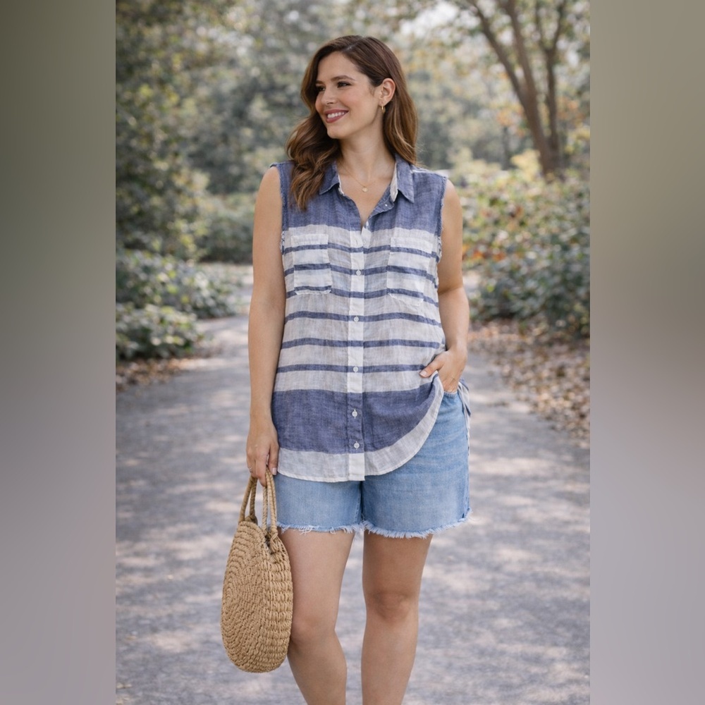 BDG Women’s Casual Striped Button Down Shirt - Blue and White - Picture 2 of 10